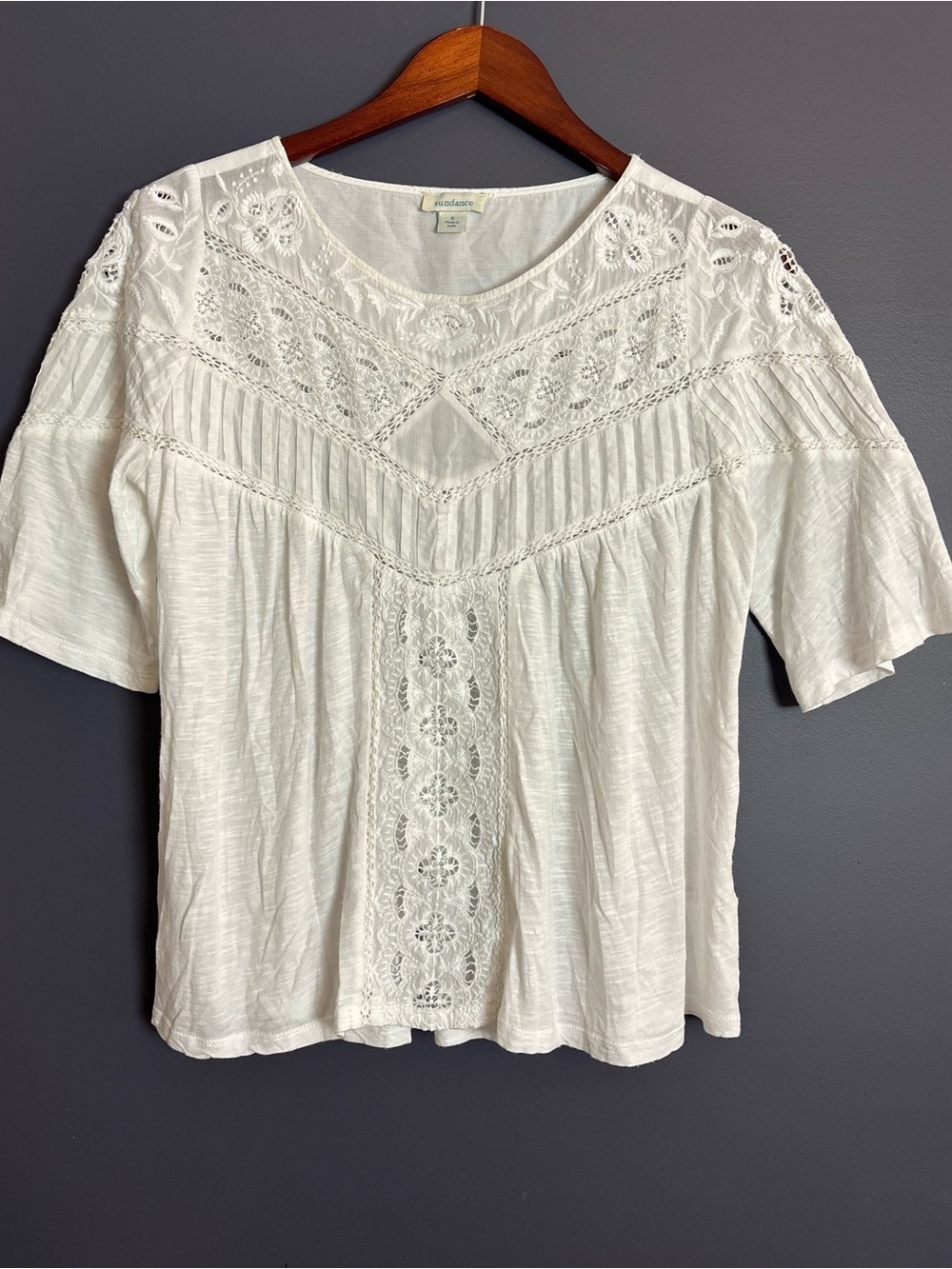 Sundance White Cotton Modal Blouse Lace Yoke Pintuck Detail Small Cottagecore